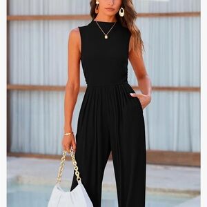 Pretty Garden Sleeveless Mock-Neck Wide Leg Jumpsuit w/ Ruched Waist - Medium